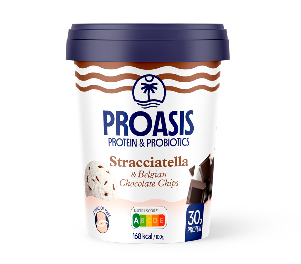 Helado proteico con probioticos de stracciatella con chips de cacao belga